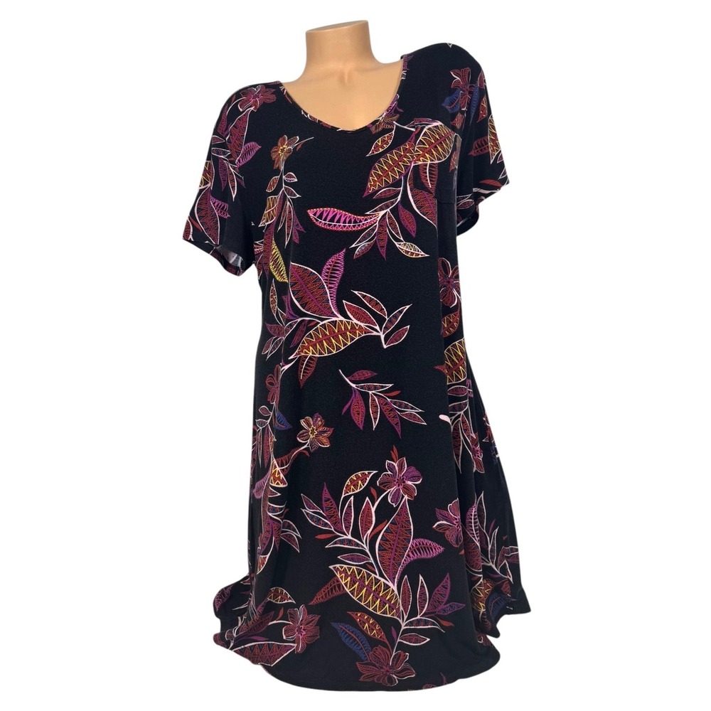 Soma Women XL Tropical Leaf Floral Sleep Dress Black V-Neck Short Sleeve Nightie
